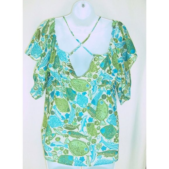 Vanessa Virginia Anthropologie Top 14 Fish Print Off Shoulder Lightweight Flowy - Picture 3 of 5